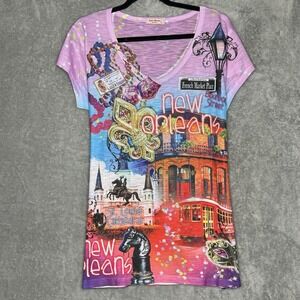Sweet Gisele XL Shirt Top Purple Landscape Cap Short Sleeve V Neck Embellished